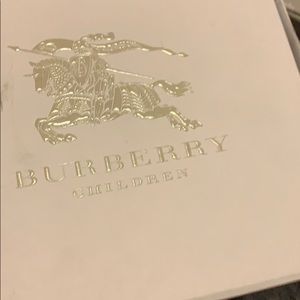 Burberry 3 piece onesie, bib, and hat set